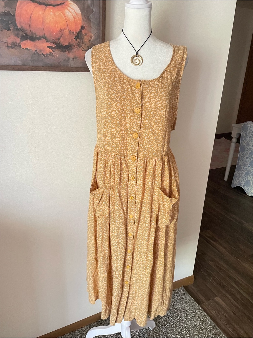 April Cornell Mustard Yellow Floral Sleeveless Button Front Midi Dress